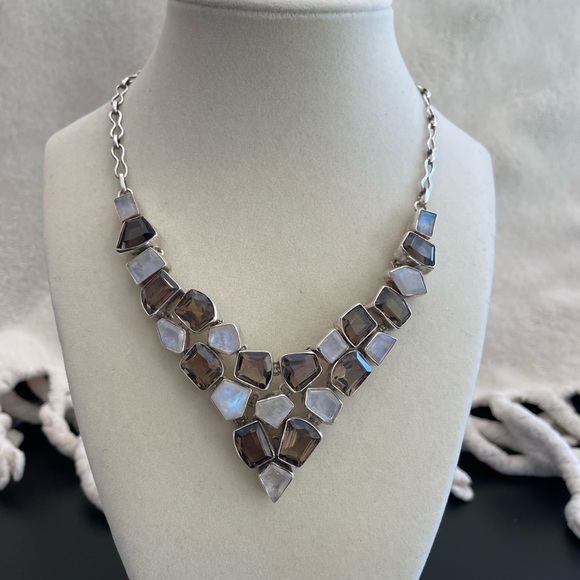 Jewelry - Opalite and Smokey quartz 925 silver adjustable necklace